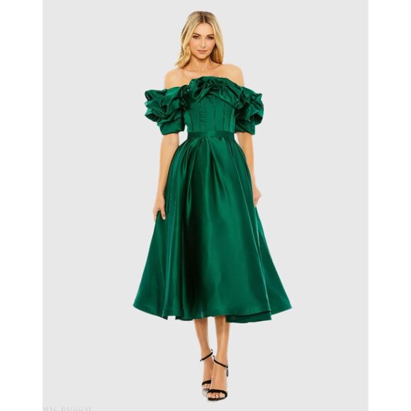 MAC DUGGAL Ruffle Off the Shoulder Satin Midi Cocktail Dress in Emerald US 10 - Picture 9 of 11